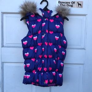 EUC Double Deer Blue Heart Puffer Vest Fur Hoodie